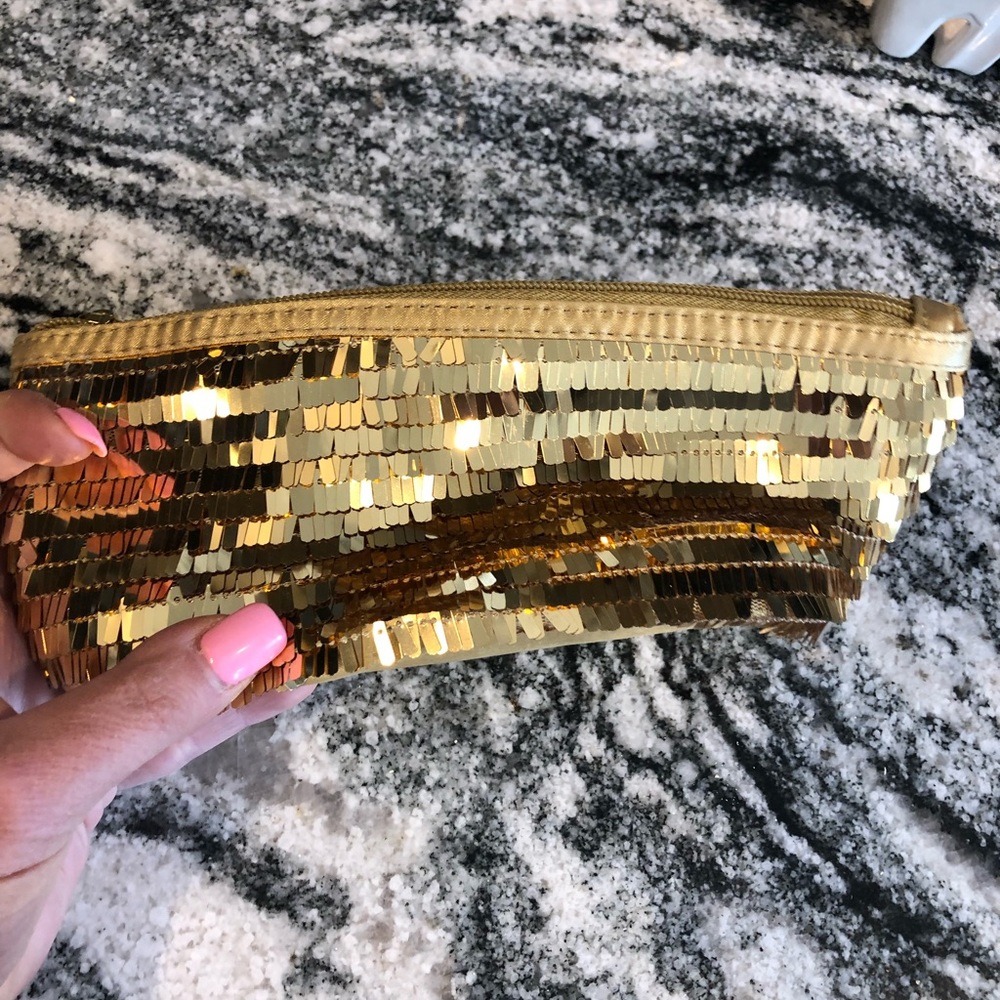 3/$15 New Stila bracelet & sequin gold shiny cosmetic make up zipper bag